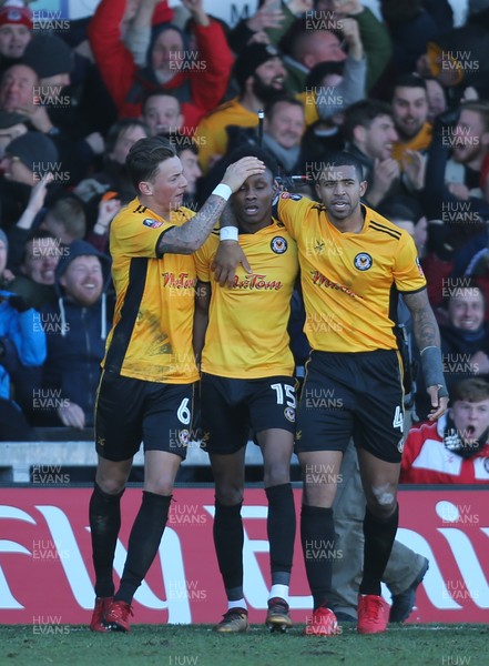 070118 - Newport County v Leeds United, Emirates FA Cup Round 3 - Shawn McCoulsky of Newport County celebrates with team mates after scoring the winning goal