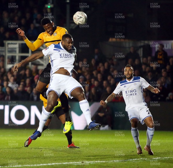 060119 - Newport County v Leicester City - FA Cup 3rd Round - Jamille Matt of Newport County headers the ball to score the first goal of the game