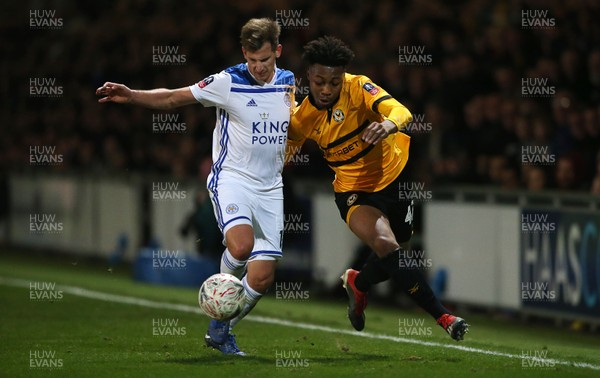 060119 - Newport County v Leicester City - FA Cup 3rd Round - Antoine Semenyo of Newport County is tackled by Marc Albrighton of Leicester