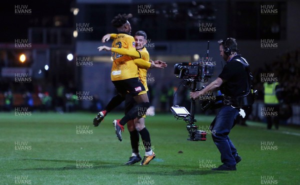 060119 - Newport County v Leicester City - FA Cup 3rd Round - Padraig Amond celebrates at full time wth Antoine Semenyo of Newport County