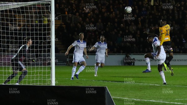 060119 - Newport County v Leicester City, FA Cup Third Round - Jamille Matt of Newport County heads to score goal