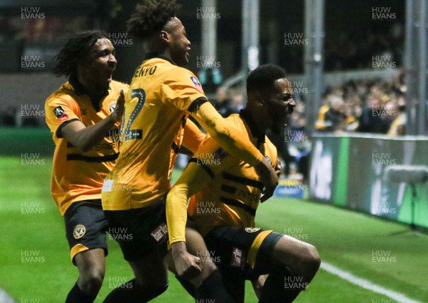 060119 - Newport County v Leicester City, FA Cup Third Round - Jamille Matt of Newport County celebrates with team mates after he heads to score goal