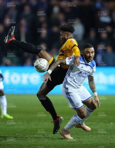 060119 - Newport County v Leicester City, FA Cup Third Round - Antoine Semenyo of Newport County and Danny Simpson of Leicester City compete for the ball