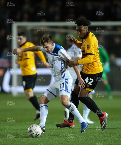 060119 - Newport County v Leicester City, FA Cup Third Round - Marc Albrighton of Leicester City holds off Antoine Semenyo of Newport County