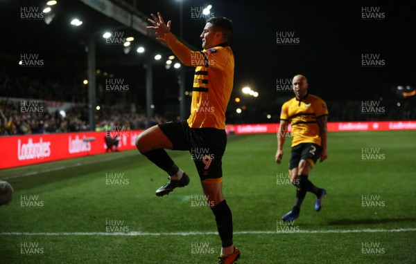 060119 - Newport County v Leicester City, FA Cup Third Round - Padraig Amond of Newport County celebrates after he scores from the penalty spot