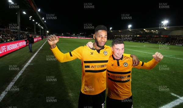 060119 - Newport County v Leicester City, FA Cup Third Round - Goal scorers Jamille Matt of Newport County and Padraig Amond of Newport County celebrate at the end of the match
