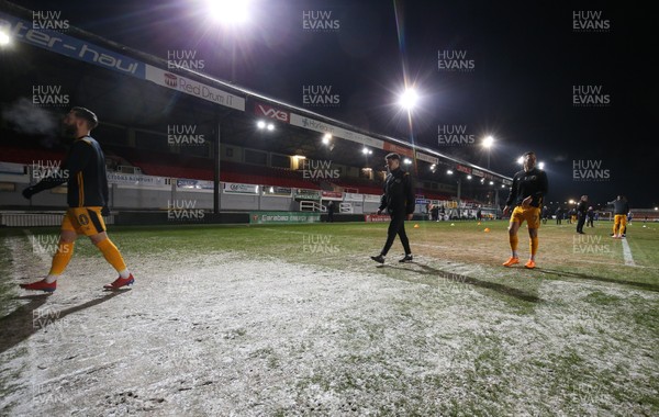 210120 - Newport County v Leicester City U21s, EFL Leasingcom Trophy Quarter-Final - Newport County players leave the pitch during warm up as it announced that the match is postponed due to a frozen pitch just 20 minutes before it was due to start