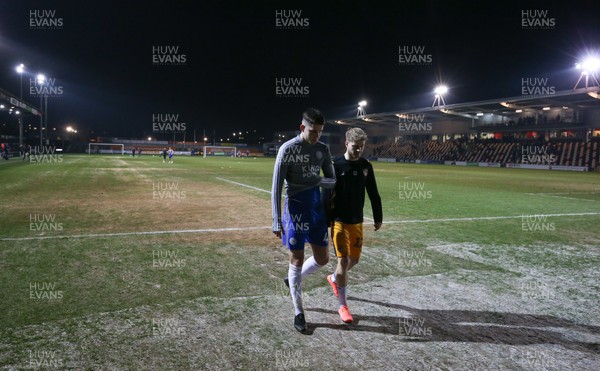 210120 - Newport County v Leicester City U21s, EFL Leasingcom Trophy Quarter-Final - Players leave the pitch as it announced that the match is postponed due to a frozen pitch just 20 minutes before it was due to start