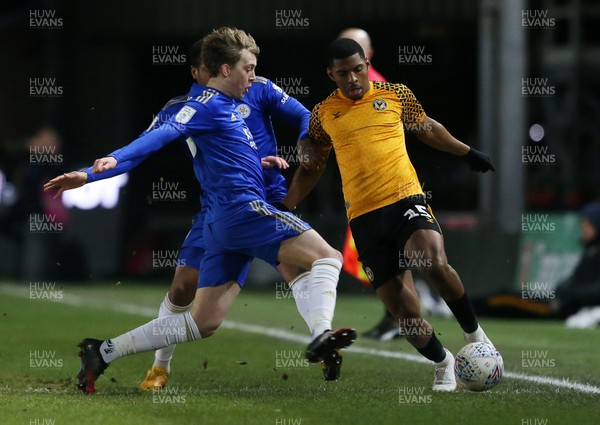 040220 - Newport County v Leicester City U21s - Leasingcom Trophy - Tristan Abrahams of Newport County is tackled by Callum Wright of Leicester City U21s