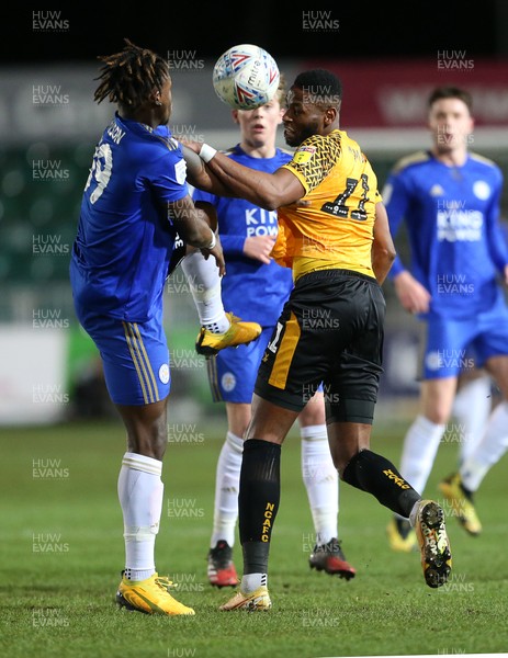 040220 - Newport County v Leicester City U21s - Leasingcom Trophy - Darnell Johnson of Leicester City U21s is challenged by Jamille Matt of Newport County