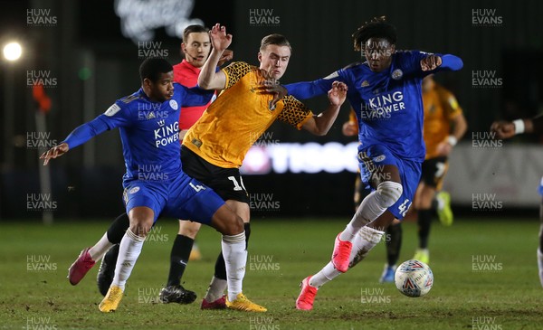 040220 - Newport County v Leicester City U21s - Leasingcom Trophy - George Nurse of Newport County is tackled by Vontae Daley-Campbell and Calvin Ughelumba of Leicester City U21s