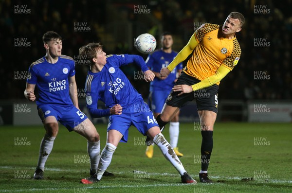 040220 - Newport County v Leicester City U21s - Leasingcom Trophy - Kyle Howkins of Newport County is challenged by Callum Wright of Leicester City U21s