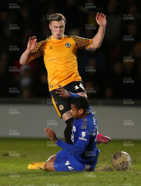 040220 - Newport County v Leicester City U21s - Leasingcom Trophy - George Nurse of Newport County is tackled by Vontae Daley-Campbell of Leicester City U21s
