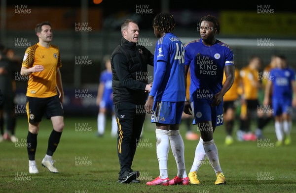 040220 - Newport County v Leicester City U21s - Leasingcom Trophy - Newport County Manager Michael Flynn shakes hands with Calvin Ughelumba of Leicester City U21s
