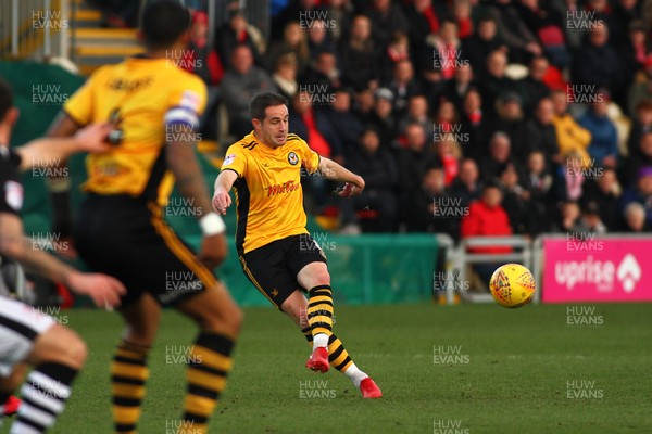 231217 - Newport County v Lincoln City - Sky Bet League 2 - Matty Dolan of Newport County spreads the ball wide 