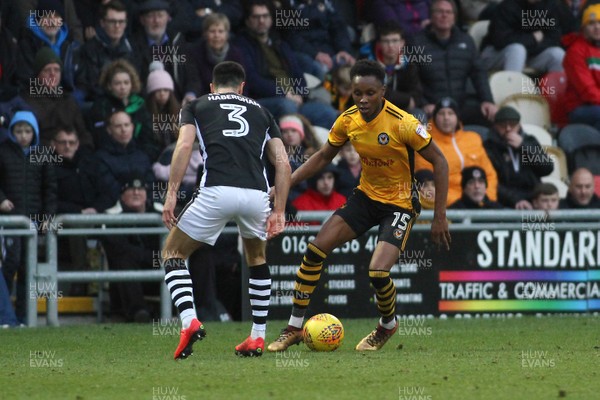 231217 - Newport County v Lincoln City - Sky Bet League 2 - Shawn McCoulsky of Newport County takes on Sam Habergham of Lincoln City