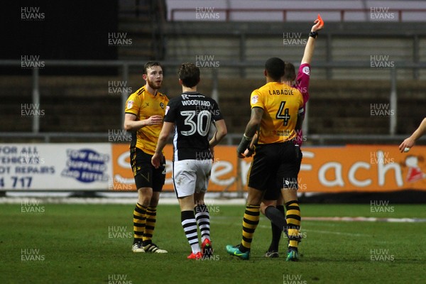 231217 - Newport County v Lincoln City - Sky Bet League 2 - Mark O'Brien of Newport County is sent off by Referee Brett Huxtable