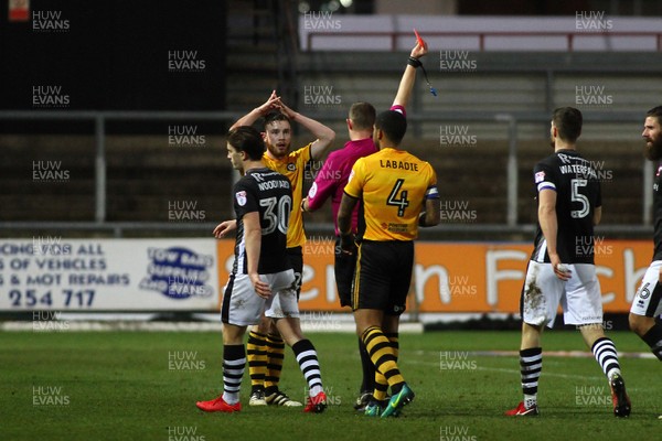 231217 - Newport County v Lincoln City - Sky Bet League 2 - Mark O'Brien of Newport County is sent off by Referee Brett Huxtable