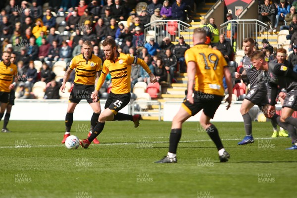 270419 Newport County v Lincoln City - Sky Bet League 2 - Mark O Brien of Newport County looks for space inside the Lincoln City penalty area 