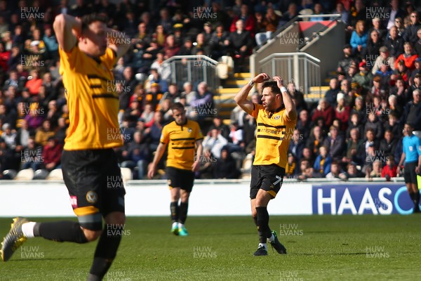 270419 Newport County v Lincoln City - Sky Bet League 2 - Robbie Willmott of Newport County sees his shot is saved 