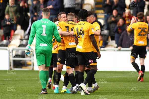 270419 Newport County v Lincoln City - Sky Bet League 2 - Players of Newport County celebrate at full time 