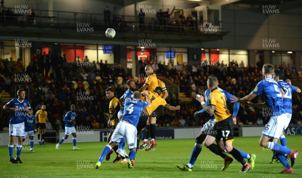 021018 - Newport County v Macclesfield Town - SkyBet League 2 - Fraser Franks of Newport County heads a shot at goal