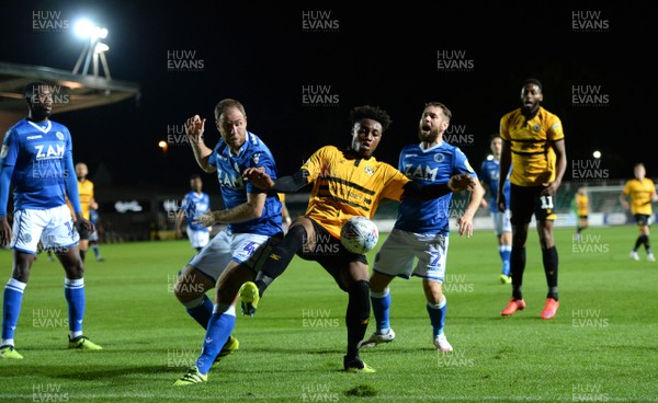 021018 - Newport County v Macclesfield Town - SkyBet League 2 - Antoine Semenyo of Newport County is tackled by Keith Lowe of Macclesfield Town