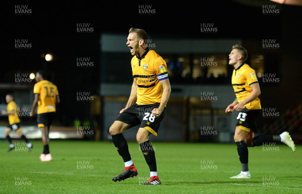 021018 - Newport County v Macclesfield Town - SkyBet League 2 - Mickey Demetriou of Newport County celebrates scoring from the penalty spot