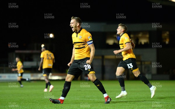021018 - Newport County v Macclesfield Town - SkyBet League 2 - Mickey Demetriou of Newport County celebrates scoring from the penalty spot