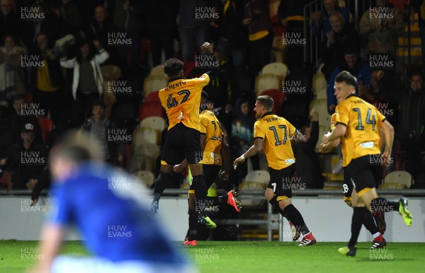 021018 - Newport County v Macclesfield Town - SkyBet League 2 - Jamille Matt of Newport County celebrates scoring his sides third goal with team mates