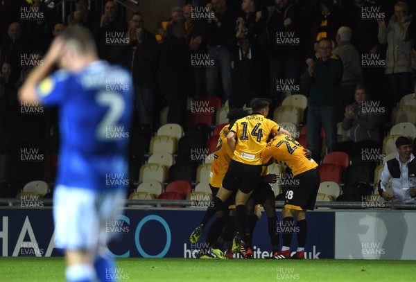021018 - Newport County v Macclesfield Town - SkyBet League 2 - Jamille Matt of Newport County celebrates scoring his sides third goal with team mates