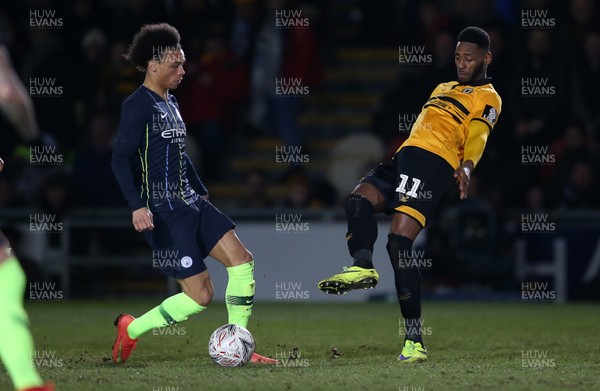 160219 - Newport County v Manchester City - FA Cup 5th Round - Jamille Matt of Newport County is challenged by Leroy Sane of Manchester City
