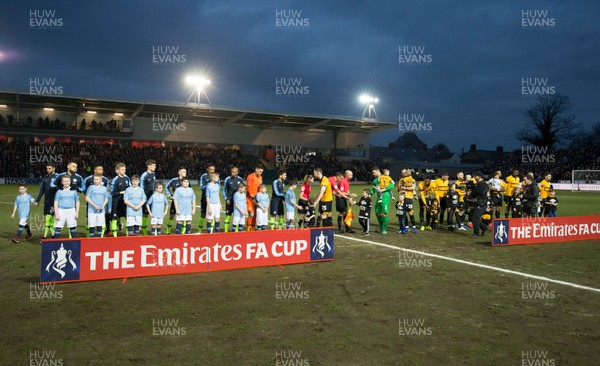 160219 - Newport County v Manchester City, FA Cup Fifth Round - The teams greet each other prior to kick off