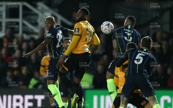 160219 - Newport County v Manchester City, FA Cup Fifth Round - Jamille Matt of Newport County looks to head towards goal