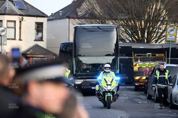 280124 - Newport County v Manchester United - FA Cup, Fourth Round - The Manchester United team bus arrives at the ground