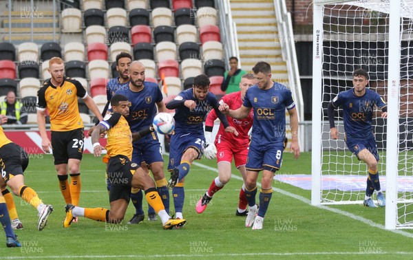 031020 - Newport County v Mansfield Town, Sky Bet League 2 - Stephen McLaughlin of Mansfield Town clears the ball as Joss Labadie of Newport County closes in for a shot at goal