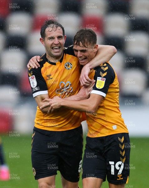 031020 - Newport County v Mansfield Town, Sky Bet League 2 - Matty Dolan of Newport County, left, celebrates with Scott Twine of Newport County after scoring from the penalty spot