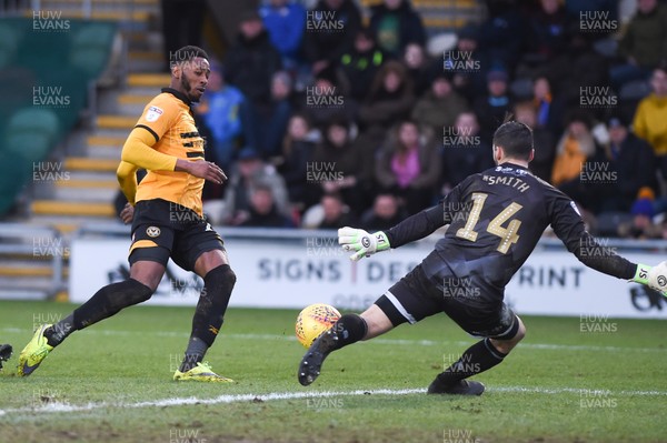 090219 - Newport County v Mansfield Town - Sky Bet League 2 -  Jamille Matt of Newport County has his shot saved by Jordan Smith of Mansfield Town