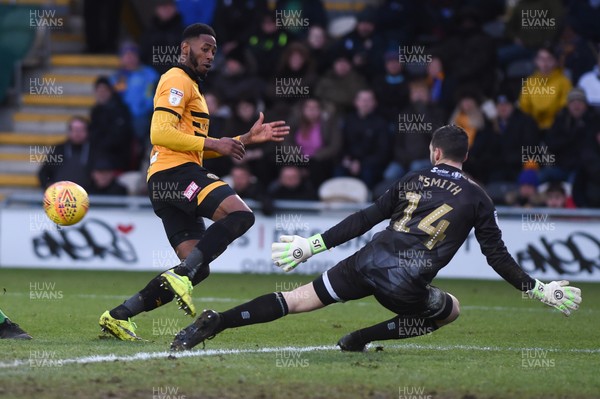 090219 - Newport County v Mansfield Town - Sky Bet League 2 -  Jamille Matt of Newport County has his shot saved by Jordan Smith of Mansfield Town