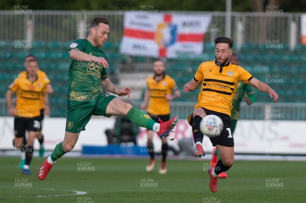 090519 - Newport County v Mansfield Town - Sky Bet League 2 - Play Off 1st Leg - Gethin Jones of Mansfield Town tackles Josh Sheehan of Newport County 