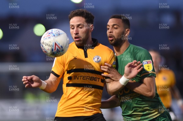 090519 - Newport County v Mansfield Town - Sky Bet League 2 - Play Off 1st Leg -  Robbie Willmott of Newport County and CJ Hamilton of Mansfield Town compete for the ball