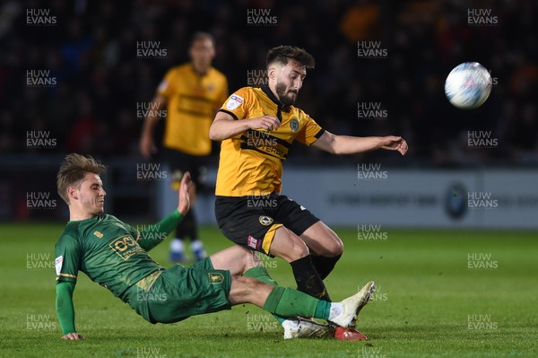 090519 - Newport County v Mansfield Town - Sky Bet League 2 - Play Off 1st Leg - Josh Sheehan of Newport County is tackled by Danny Rose of Mansfield Town 