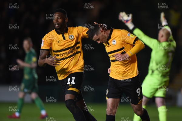 090519 - Newport County v Mansfield Town - Sky Bet League 2 - Play Off 1st Leg -  Jamille Matt of Newport Countyand  Padraig Amond of Newport County celebrate the equaliser 