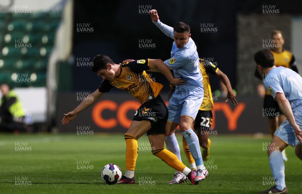 180423 - Newport County v Mansfield Town - SkyBet League Two - Calum Kavanagh of Newport County is tackled by Callum Johnson of Mansfield 