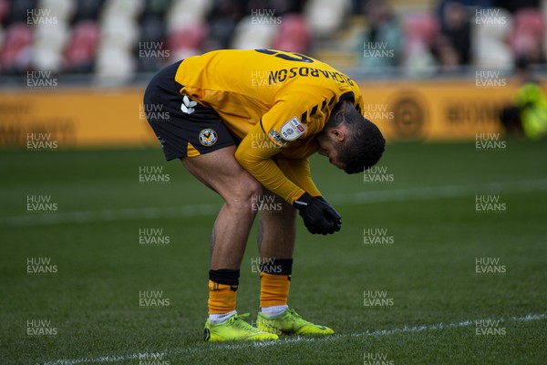 190222 - Newport County v Mansfield Town - Sky Bet League 2 - Courtney Baker-Richardson of Newport County is dejected after missing a shot on goal