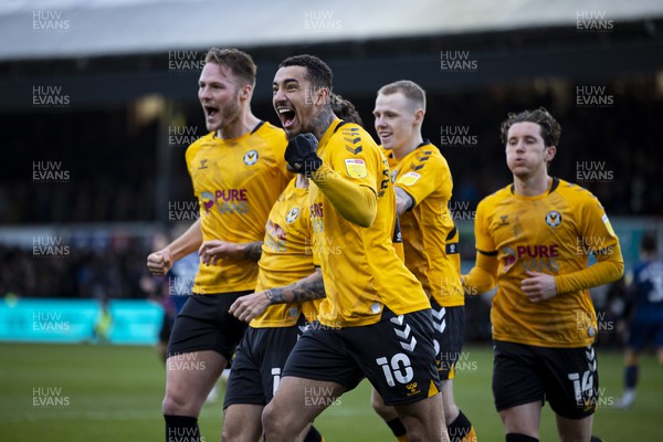 190222 - Newport County v Mansfield Town - Sky Bet League 2 - Courtney Baker-Richardson of Newport County celebrates his side's first goal scored by Dom Telford