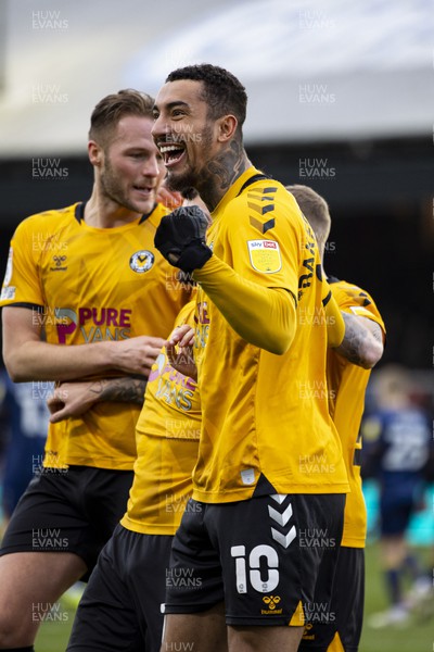 190222 - Newport County v Mansfield Town - Sky Bet League 2 - Courtney Baker-Richardson of Newport County celebrates his side's first goal scored by Dom Telford