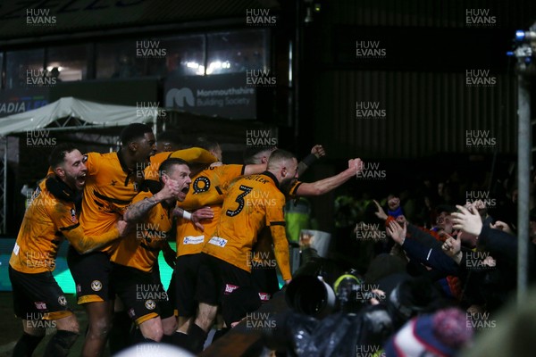 050219 - Newport County v Middlesbrough - FA Cup Fourth Round Replay - Padraig Amond of Newport County celebrates scoring their second goal with team mates and the fans