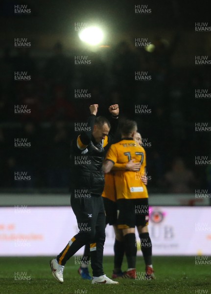 050219 - Newport County v Middlesbrough, FA Cup Round 4 Replay - Newport County manager Michael Flynn celebrates with his players at the end of the match