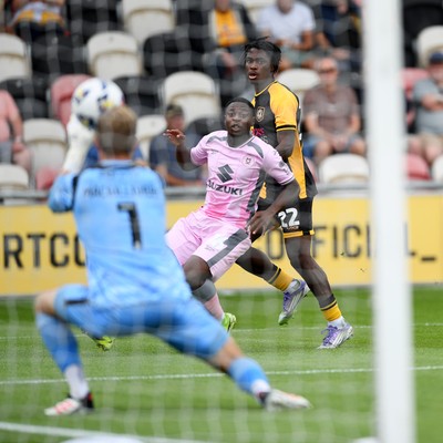 230825 - Newport County v Milton Keynes Dons - Sky Bet League 2 - Habeeb Ogunneye of Newport County scores the first goal of the game